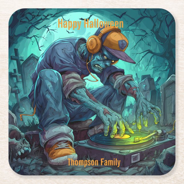 Dessous-de-verre Carré En Papier Vidéos de la fête d'Halloween Zombie DJ Rave (Devant)