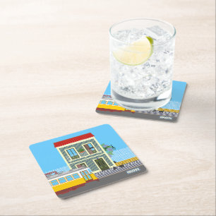 Dessous-de-verre Carré En Papier Vieille maison de Lisbonne avec chats et tramway j