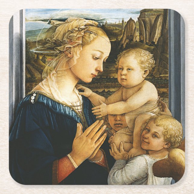 Dessous-de-verre Carré En Papier Vierge avec enfant et deux anges, Filippo Lippi (Devant)