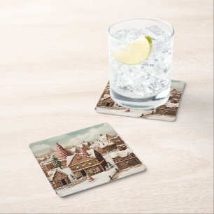 Dessous-de-verre Carré En Papier Village de pain d'épices numérique vintage