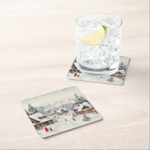Dessous-de-verre Carré En Papier Village numérique vintage un jour de Noël.