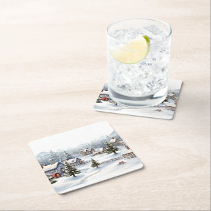 Dessous-de-verre Carré En Papier Village numérique vintage un jour de Noël.