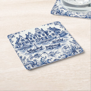 Dessous-de-verre Carré En Papier Ville de Delft & Port de Pêche Bleu Cobalt Blanc