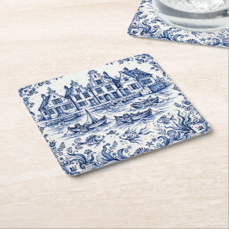 Dessous-de-verre Carré En Papier Ville de Delft & Port de Pêche Bleu Cobalt Blanc