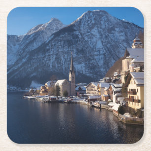 Dessous-de-verre Carré En Papier Ville de Hallstatt dans la neige en hiver