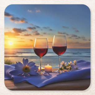 Dessous-de-verre Carré En Papier Vin sur la plage bord de mer 