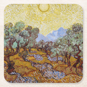 Dessous-de-verre Carré En Papier Vincent van Gogh - Oliviers, Ciel Jaune et Soleil