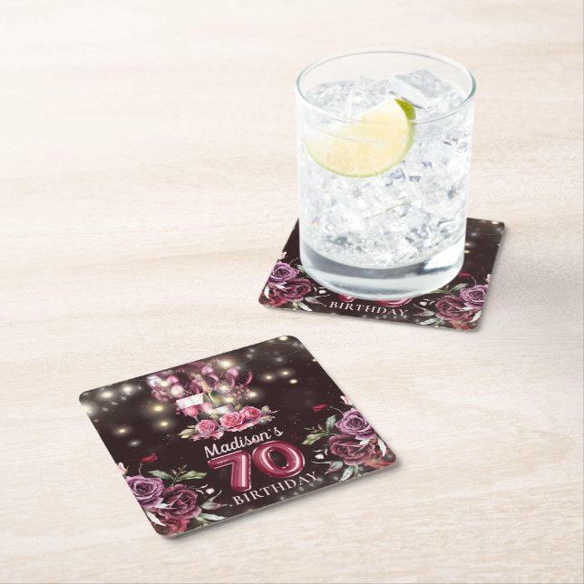 Dessous-de-verre Carré En Papier Vins et ballons 70e anniversaire Personnalisé (En situation)