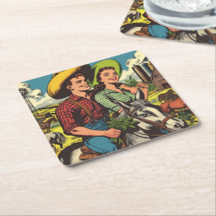 Dessous-de-verre Carré En Papier Vintage Farm Love Couple Comics