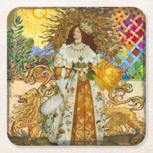 Dessous-de-verre Carré En Papier Vintage femme Soleil d'or : Leo Zodiac Collage Art