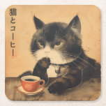 Dessous-de-verre Carré En Papier Vintage Japon art chat mignon avec une tasse de ca<br><div class="desc">Vintage Japon art chat mignon avec une tasse de café</div>