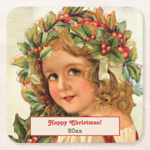 Dessous-de-verre Carré En Papier Vintage Noël Enfant Holly Feuilles dans ses cheveu