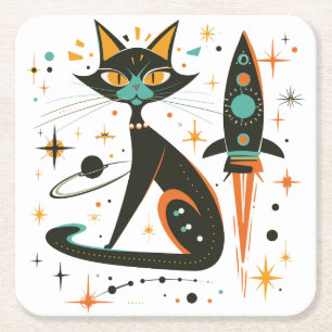 Dessous-de-verre Carré En Papier Vintage Rétro MCM Chat Espace Bateaux Étoiles Plan