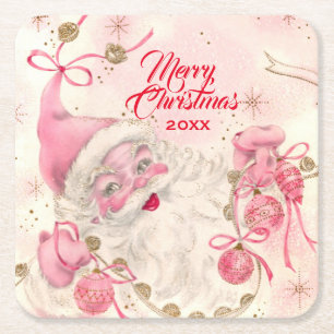 Dessous-de-verre Carré En Papier Vintage Retro Pink Santa Clause Noël