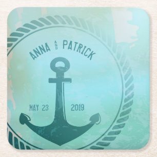 Dessous-de-verre Carré En Papier Vintage Turquoise Ancre nautique Personnalisé Mari