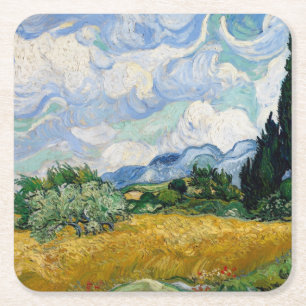 Dessous-de-verre Carré En Papier Vintage Van Gogh Champ de blé avec Cyprès