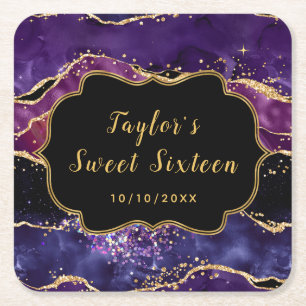 Dessous-de-verre Carré En Papier Violet foncé et paillettes dorées Agate Sweet Sixt