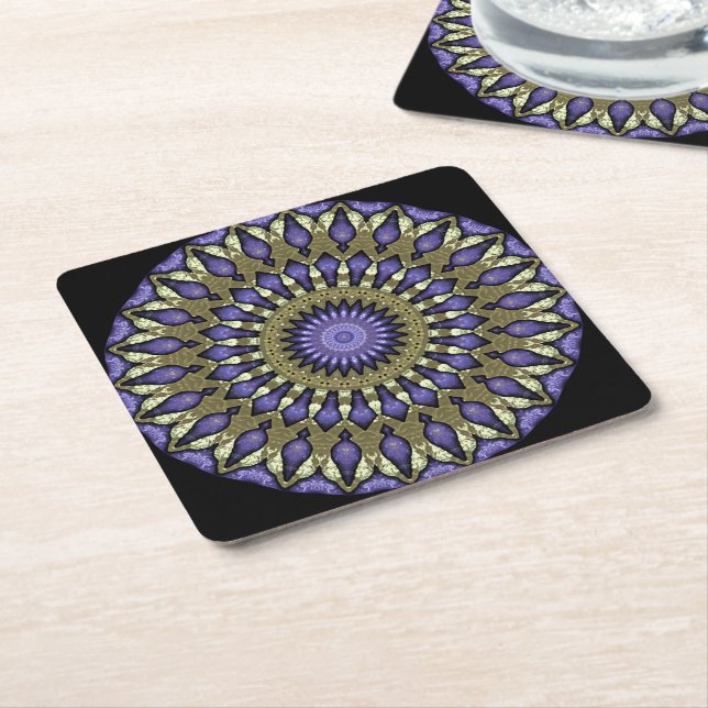 Dessous-de-verre Carré En Papier Violet noir violet Faux or Mandala Motif (Incliné)