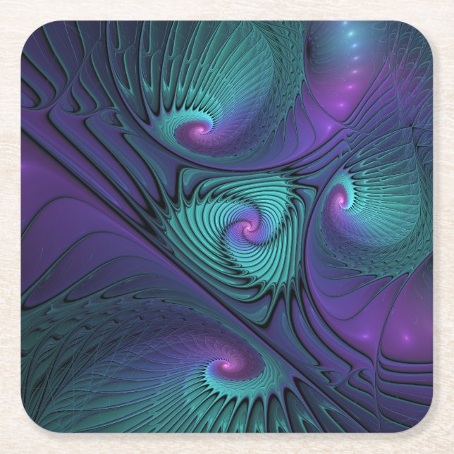 Dessous-de-verre Carré En Papier Violet Rencontre Turquoise Moderne Art Fractal Abs (Devant)