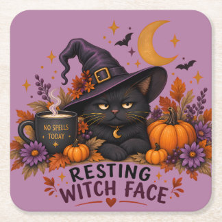 Dessous-de-verre Carré En Papier Visage de Sorcière au Repos Chat Noir Halloween