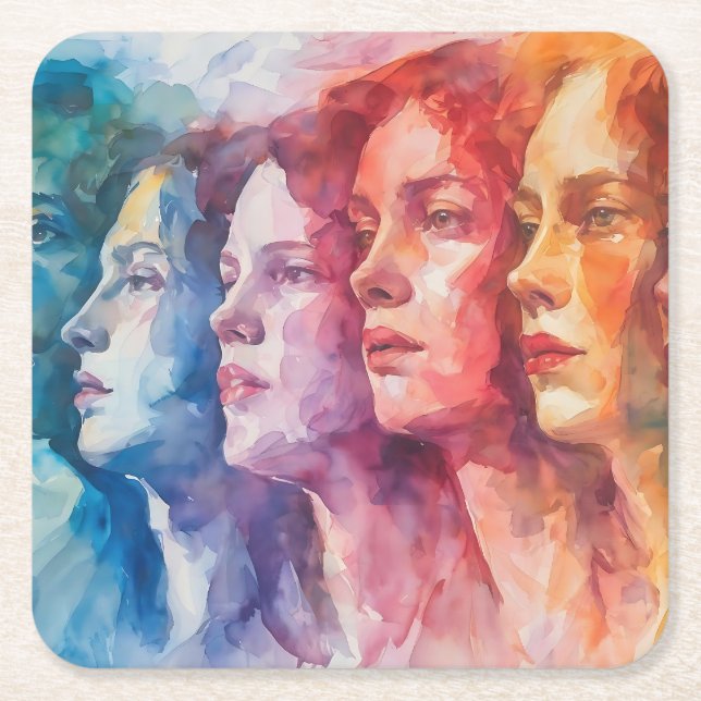 Dessous-de-verre Carré En Papier Visages des femmes - Peinture aquarelle (Devant)