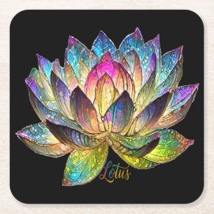 Dessous-de-verre Carré En Papier Vitrail Fleur de Lotus Colorée sur Fond Noir