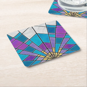 Dessous-de-verre Carré En Papier Vitre Coloré avec Motif Angulaire Bleu et Violet