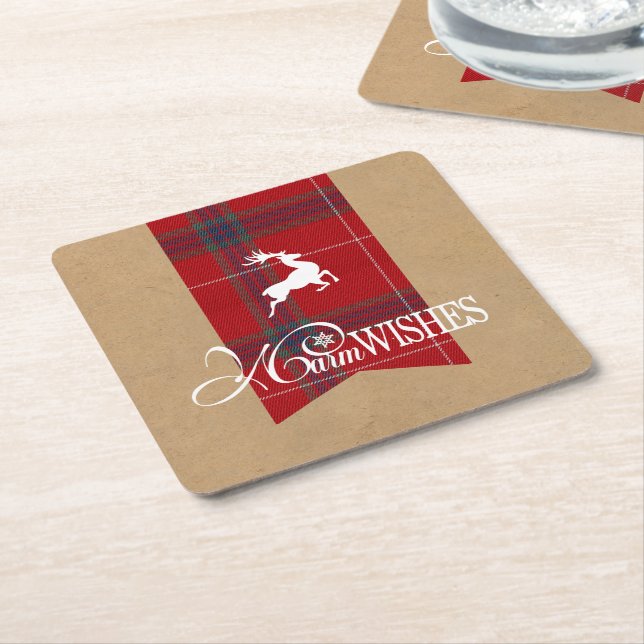 Dessous-de-verre Carré En Papier Voeux chauds Kraft & Tartan Red ID589 (Incliné)