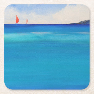 Dessous-de-verre Carré En Papier Voiles rouges sur l'eau bleue, peinture aquarelle