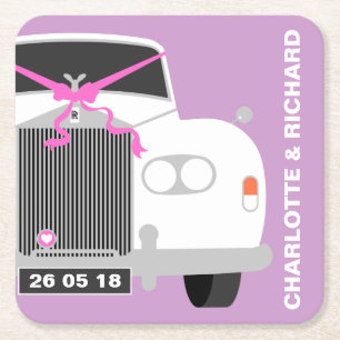 DESSOUS-DE-VERRE CARRÉ EN PAPIER VOITURE DE MARIAGE BLANCHE PERSONNALISÉE DATE