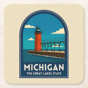 Dessous-de-verre Carré En Papier Voyage Vintage Michigan Phare Paysage Rétro