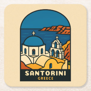 Dessous-de-verre Carré En Papier Voyage Vintage Santorin Grèce Bord de Mer Rétro