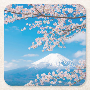 Dessous-de-verre Carré En Papier Vue du mont Fuji avec des fleurs de cerisier