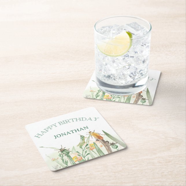 Dessous-de-verre Carré En Papier Watercolor Child's Bug Insect Birthday (En situation)