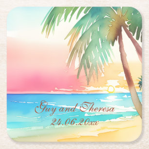 Dessous-de-verre Carré En Papier Watercolor Mariage de plage tropicale