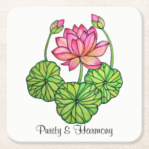 Dessous-de-verre Carré En Papier Watercolor Pink Lotus with Buds & Leaves