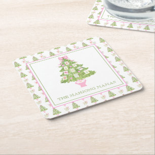 Dessous-de-verre Carré En Papier Watercolor Pink Mahjong Christmas Tree Party