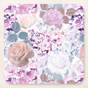 Dessous-de-verre Carré En Papier Watercolor roses et hydrangeas.