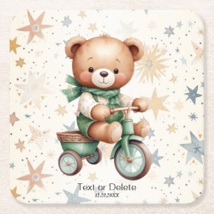 Dessous-de-verre Carré En Papier Watercolor Teddy Bear Stars Green Bike Party