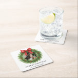 Dessous-de-verre Carré En Papier Watercolor Wirath Photo Noël moderne<br><div class="desc">Dessous de verre en papier de Noël modernes avec un design simple et minimal avec votre photo préférée à l'intérieur d'une couronne d'aquarelle,  avec le message de bienvenue "Joyeux Noël" et votre nom de famille.</div>