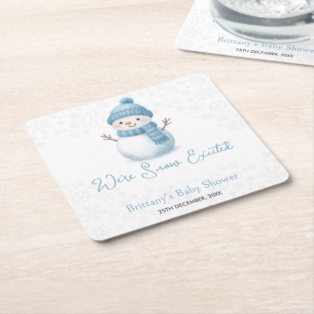 Dessous-de-verre Carré En Papier We're Snow Excited Snowmen Boy Baby Shower (Incliné)