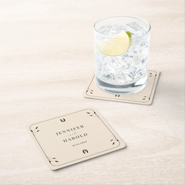 Dessous-de-verre Carré En Papier Western Boho Horseshoe Monogram Rustic Mariage (En situation)