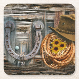 Dessous-de-verre Carré En Papier Western Horseshoe Cowboy Hat Lasso