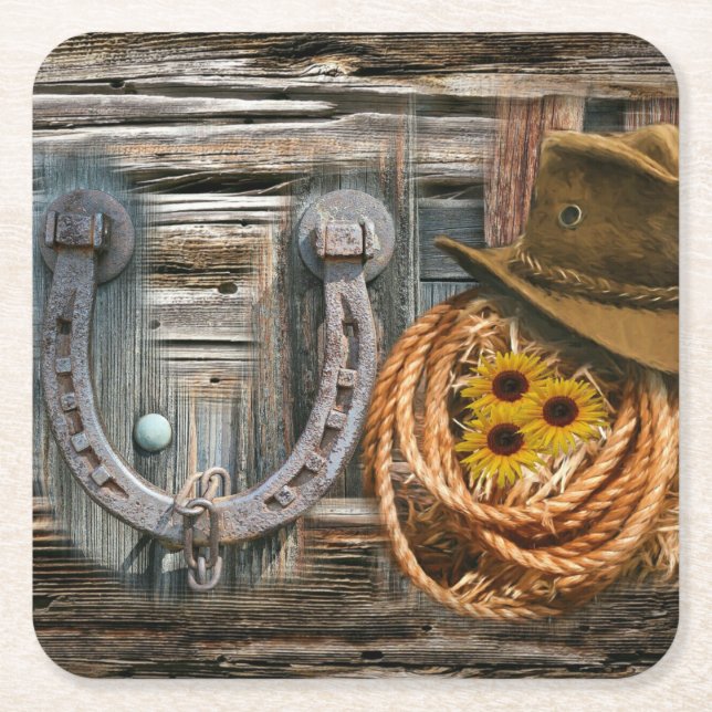 Dessous-de-verre Carré En Papier Western Horseshoe Cowboy Hat Lasso (Devant)
