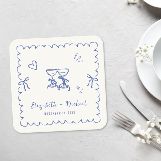 Dessous-de-verre Carré En Papier Whimsical Blue Wavy Frame Cream Wedding (Whimsical Blue Wavy Frame Cream Wedding Square Paper Coaster)