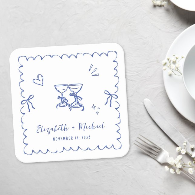 Dessous-de-verre Carré En Papier Whimsical Blue Wavy Frame Wedding (Whimsical Blue Wavy Frame Wedding Square Paper Coaster)