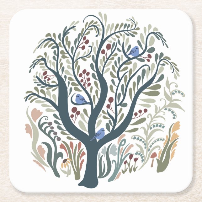 Dessous-de-verre Carré En Papier Whimsical Folk Art Forêt Tons Terre (Devant)