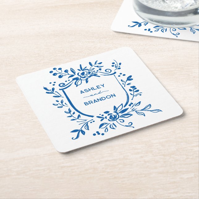 Dessous-de-verre Carré En Papier Whimsical French Blue Botanical Crest Wedding (Incliné)
