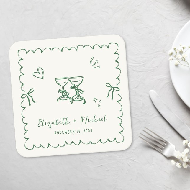 Dessous-de-verre Carré En Papier Whimsical Green Wavy Frame Cream Wedding (Whimsical Green Wavy Frame Cream Wedding Square Paper Coaster)