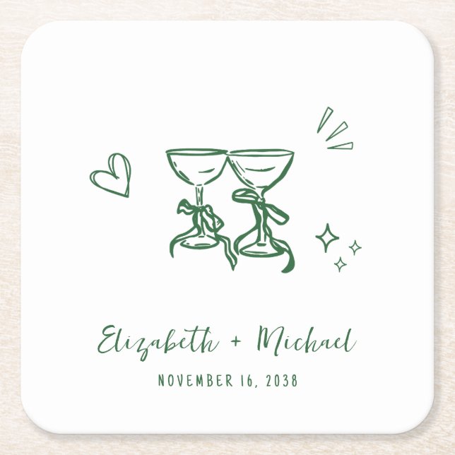 Dessous-de-verre Carré En Papier Whimsical Hand Drawn Green Wine Glasses Wedding (Devant)